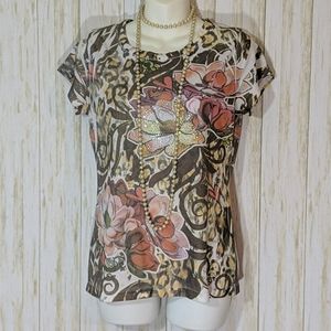 ❤Emma G Floral Print Beaded Short Sleeve Size M